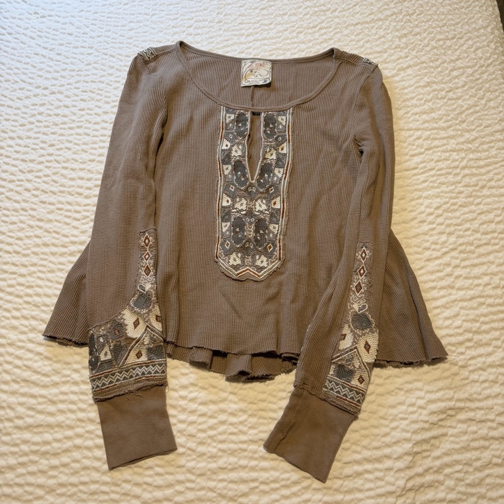 Free People Bohemian Waffle Knit Embroidered Detail Women’s XS